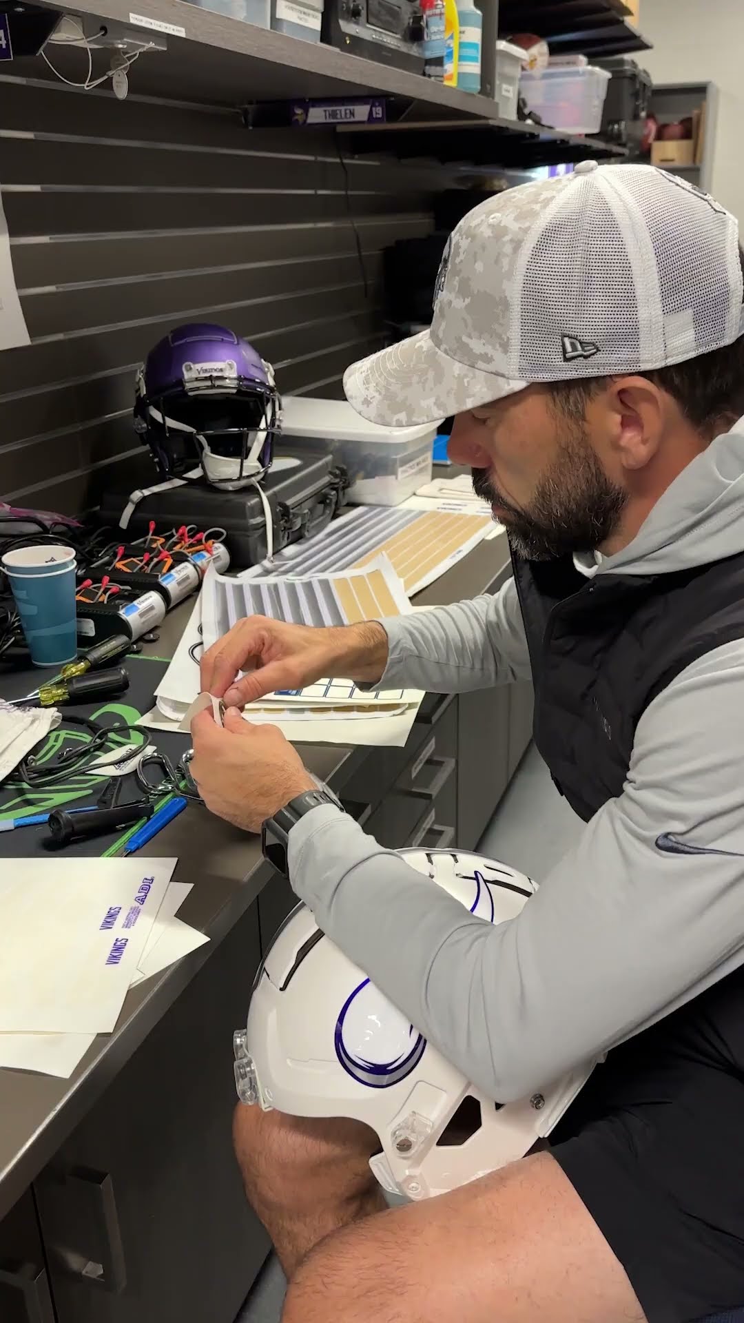 Equipment Staff Prepping All-White Winter Warrior Helmets for Monday Night Football ❄️